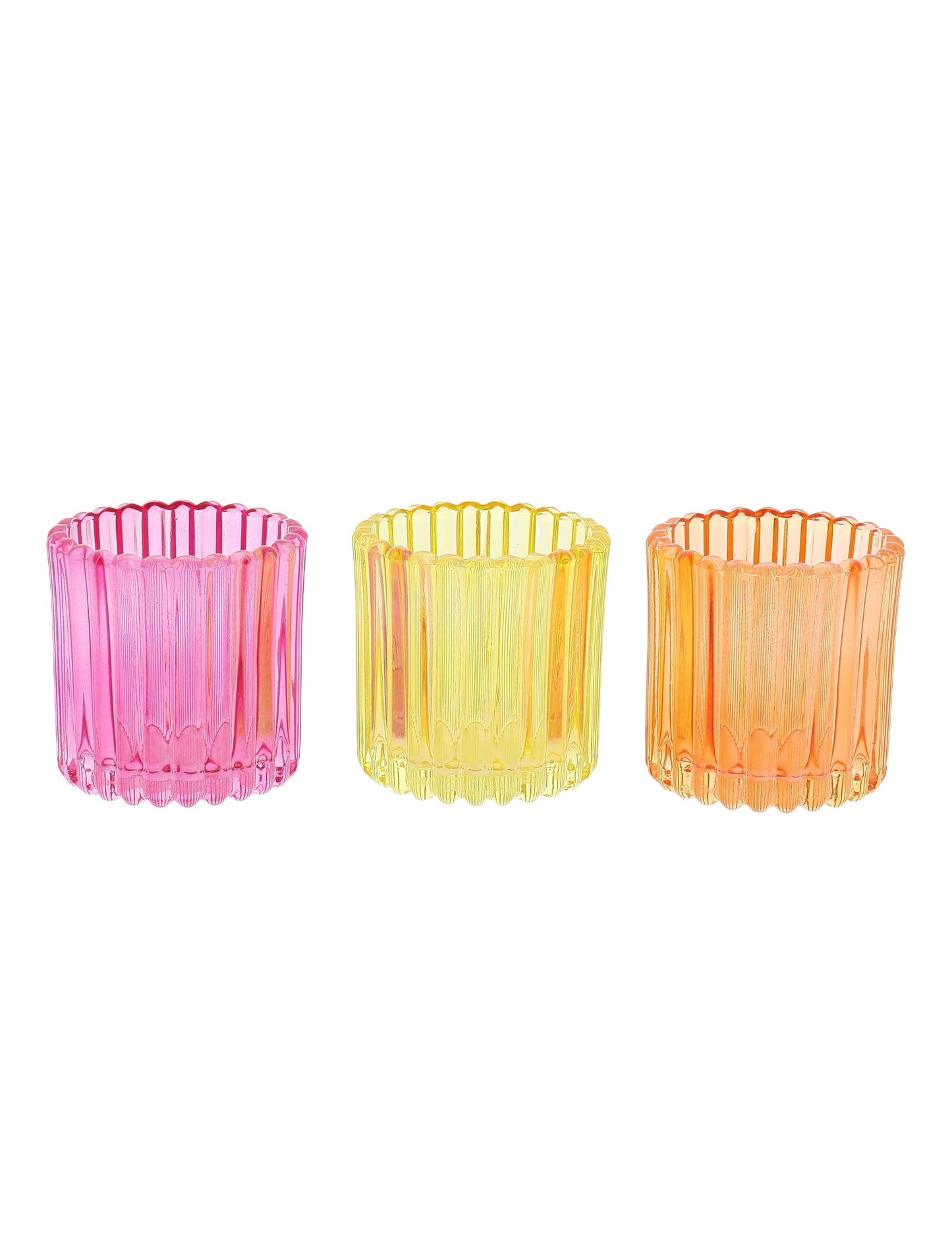 3 portavelas de vidrio rosa, naranja y amarillo de 7,5 cm
