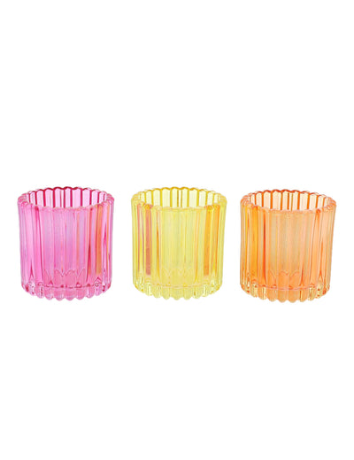 3 portavelas de vidrio rosa, naranja y amarillo de 7,5 cm