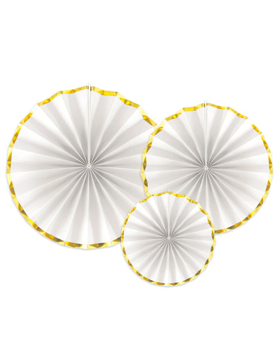 3 rosaces en papier blanches et dorées pour décoration avec liseré doré