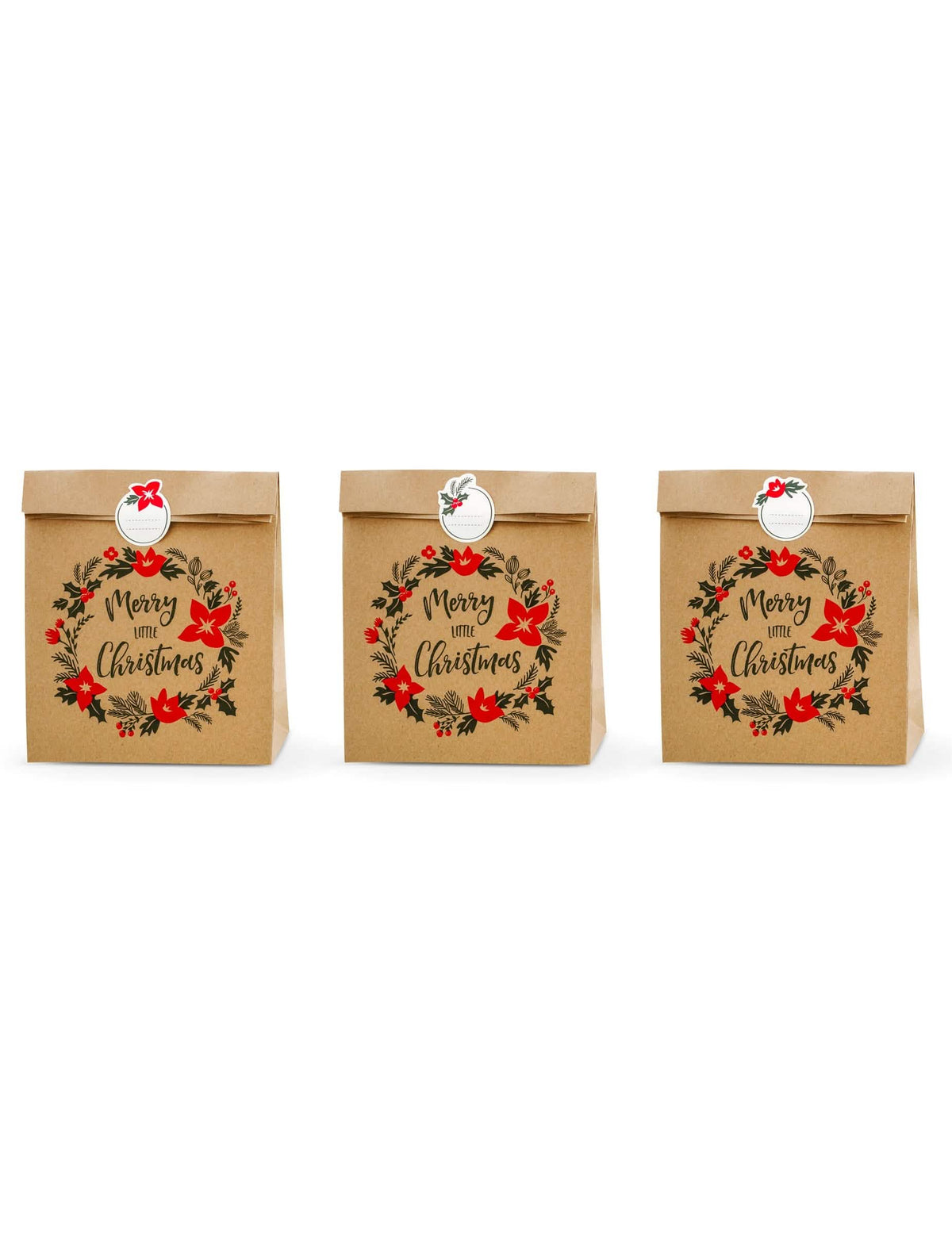 Sacs cadeaux Merry little christmas pour Noël en kraft brun avec stickers