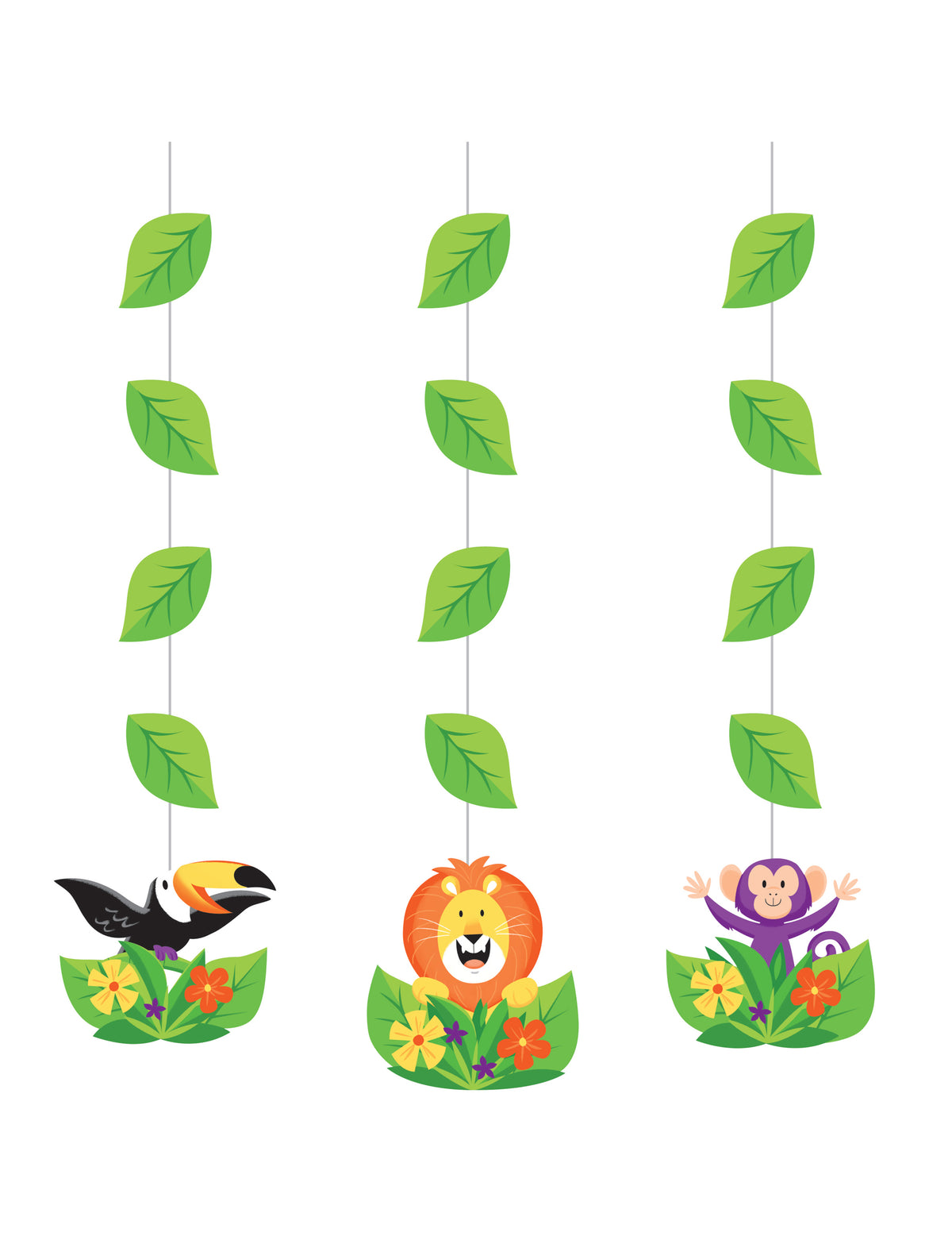 Suspensions en carton jungle safari pour fête avec animaux et feuilles vertes