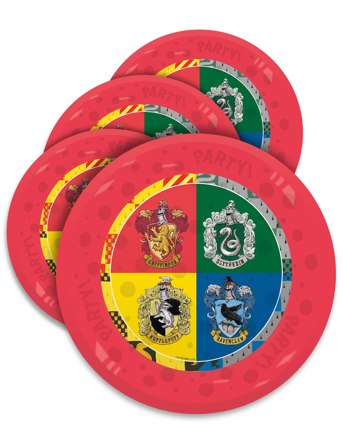 Assiettes réutilisables Harry Potter rouges avec blasons des maisons de Poudlard