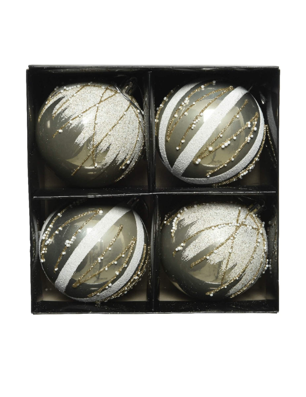 Vue du coffret de 4 unités du Boules de Noël chic et perles