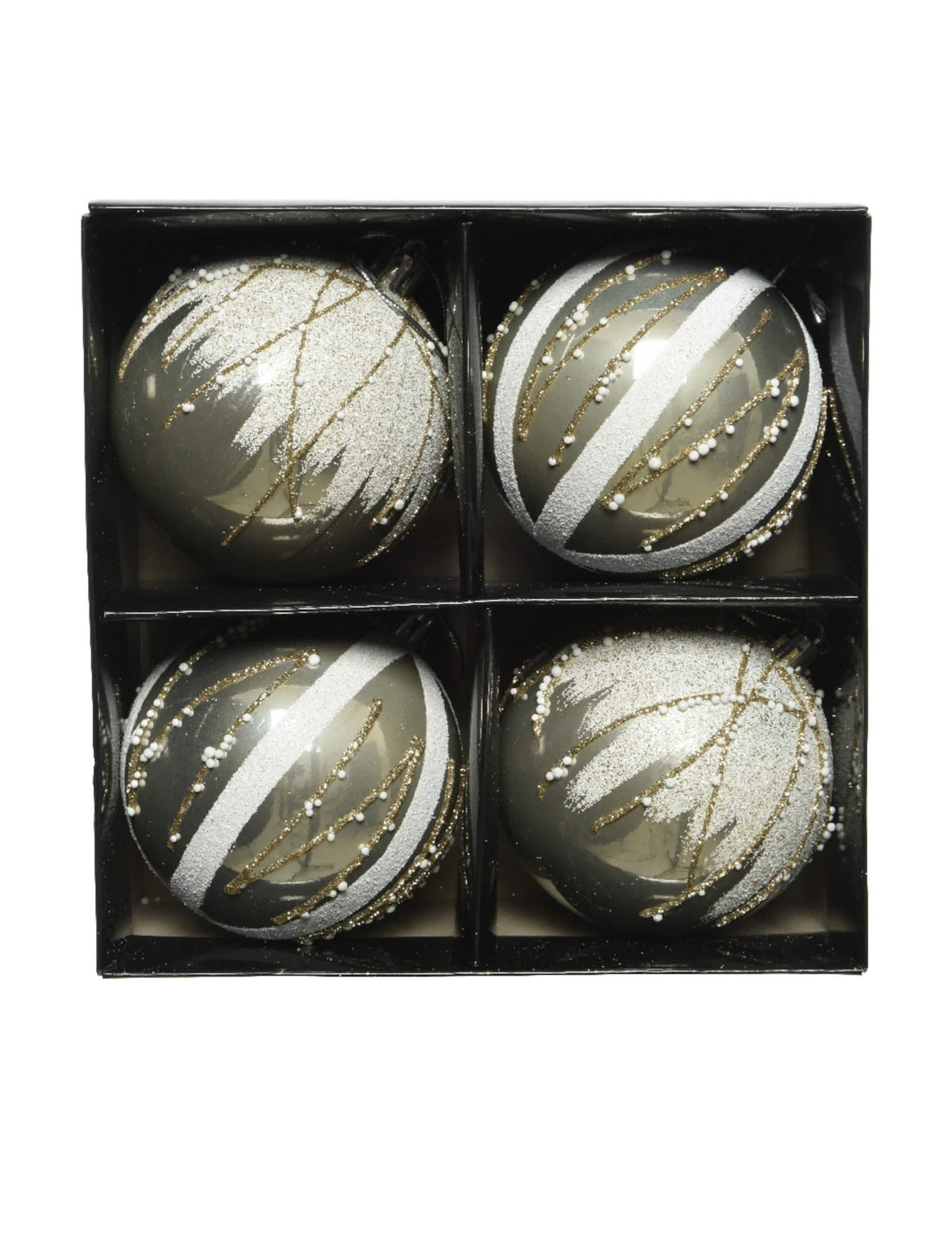 Vue du coffret de 4 unités du Boules de Noël chic et perles
