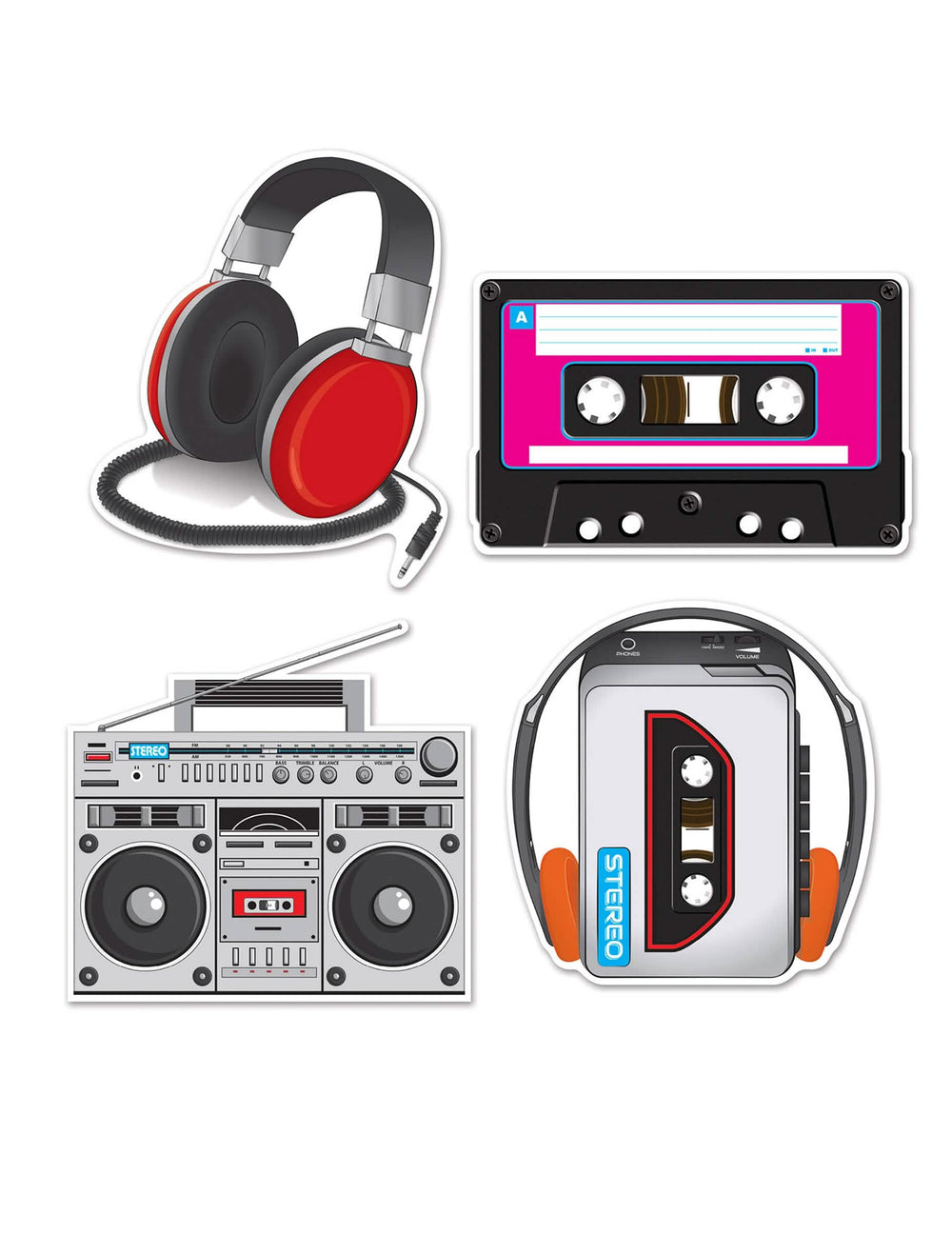 4 decoraciones de cartón años 80 tema música para fiesta multicolores