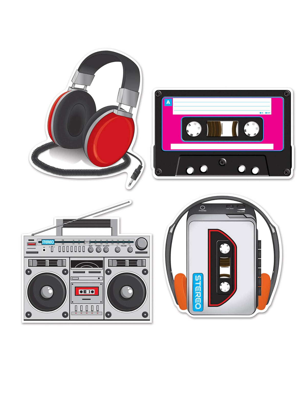4 decoraciones de cartón años 80 tema música para fiesta multicolores