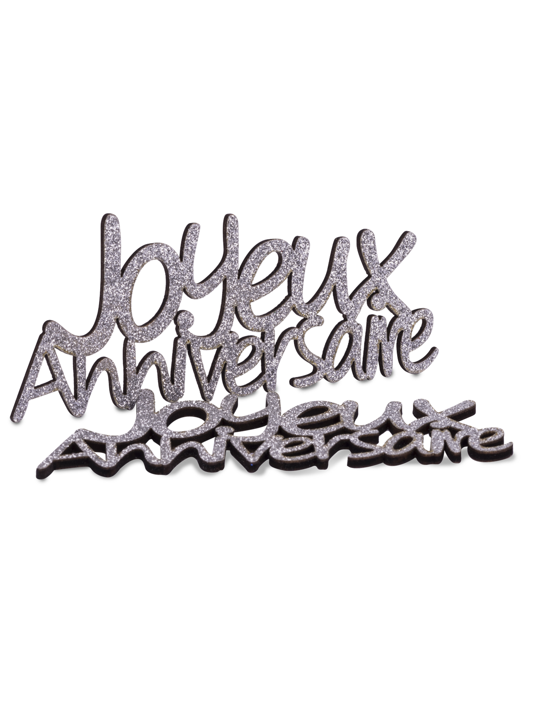 Décorations en bois Joyeux Anniversaire pour table chic argentées pailletées
