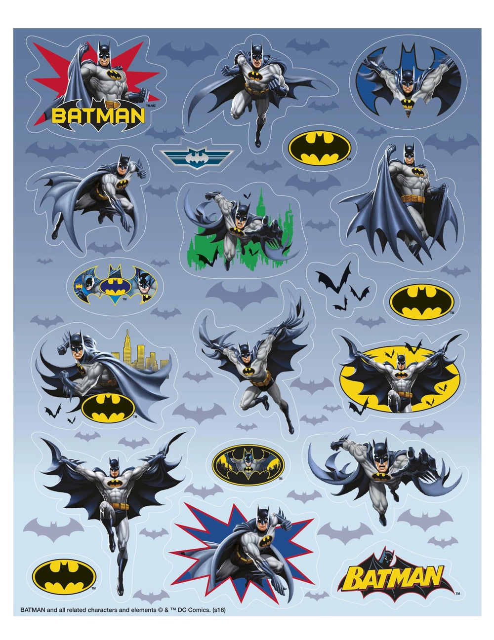 4 Feuilles de stickers Batman pour enfant bleus et gris avec logos jaunes