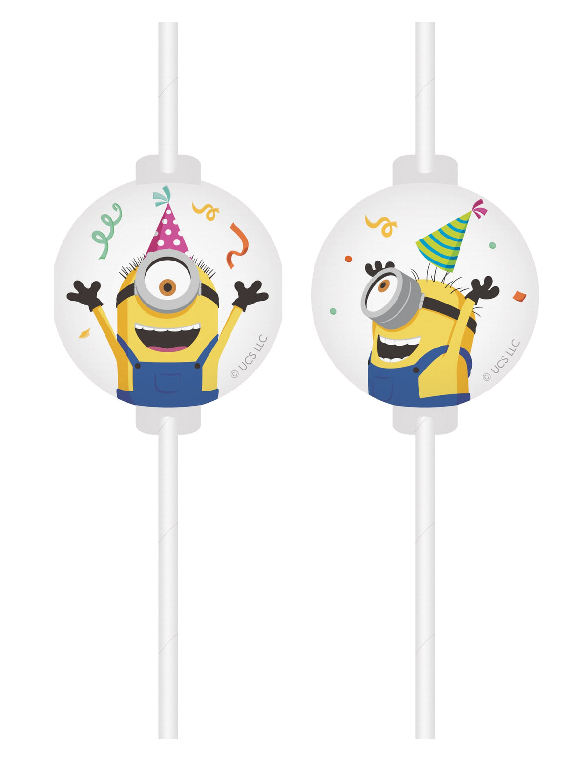 Pailles médaillon Minions pour enfant blanches et jaunes avec chapeaux de fête