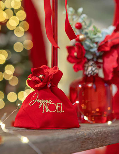 4 saquitos Feliz Navidad terciopelo rojo y oro 9,5 x 11,5 cm