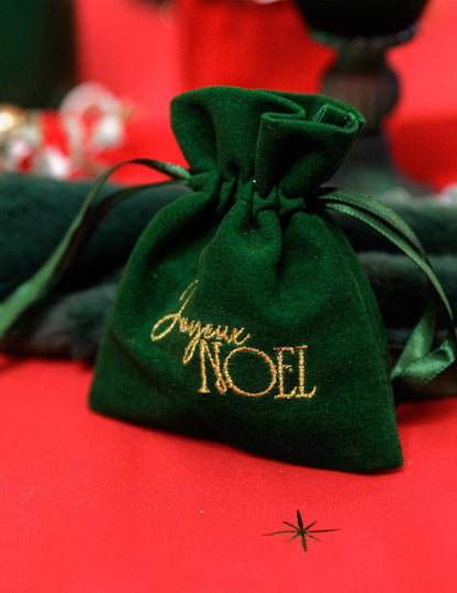 4 saquitos Feliz Navidad terciopelo verde oscuro y oro 9,5 x 11,5 cm