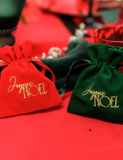 4 saquitos Feliz Navidad terciopelo verde oscuro y oro 9,5 x 11,5 cm