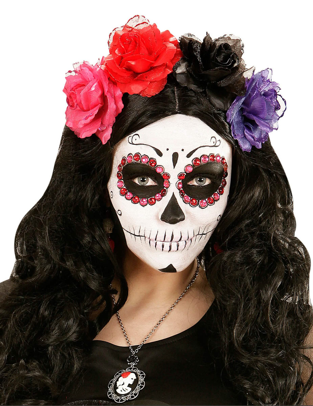 Strass Dia de los muertos pour adulte roses et rouges