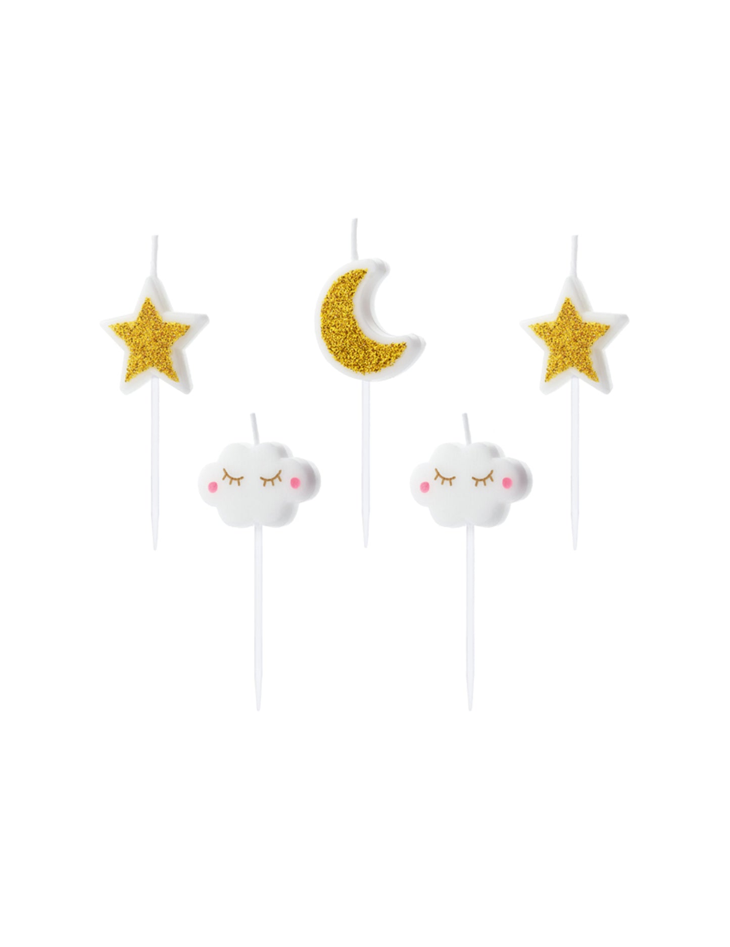 5 bougies d'anniversaire constellation blanc et doré pailleté nuages et étoiles