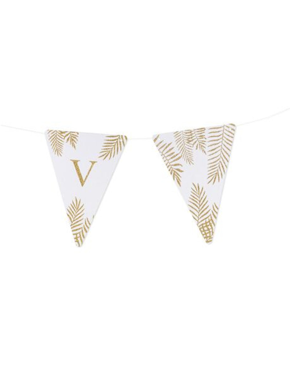 Détail de la lettre V et des motifs des fanions lettres thème fougères blanc et paillettes dorées