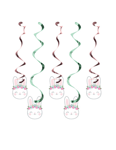 Suspensions spirale en carton petit lapin pour anniversaire rose et vert métallisé