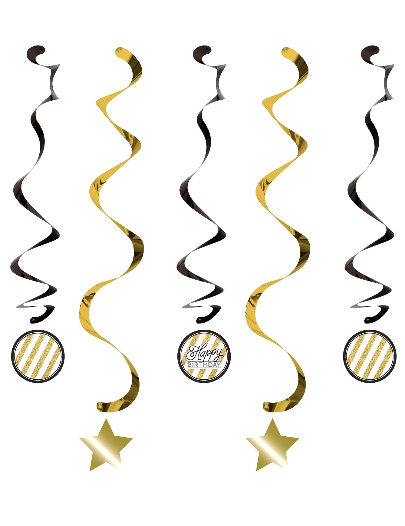Suspensions en spirales anniversaire noires et dorées avec étoiles et médaillons Happy Birthday