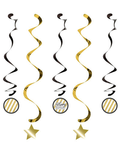 Suspensions en spirales anniversaire noires et dorées avec étoiles et médaillons Happy Birthday