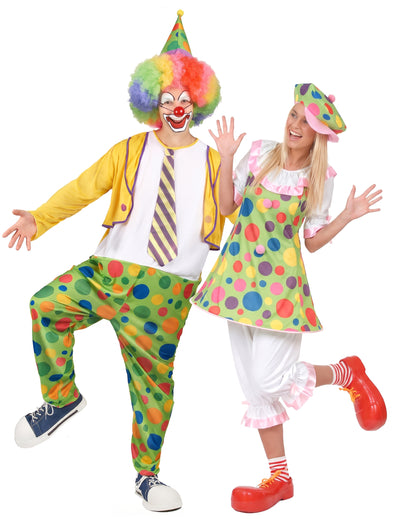 Disfraz de pareja payaso con puntos adulto