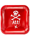 Assiettes en carton fête de pirate pour enfant rouges avec tête de mort blanche