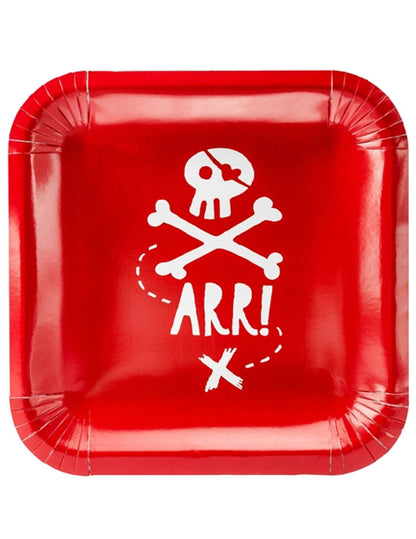 Assiettes en carton fête de pirate pour enfant rouges avec tête de mort blanche