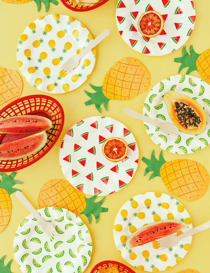 6 Platos de cartón frutas sandía, limón, piña 20,5 cm