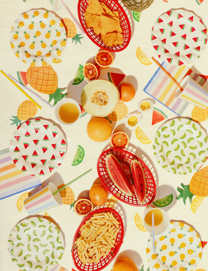 6 Platos de cartón frutas sandía, limón, piña 20,5 cm