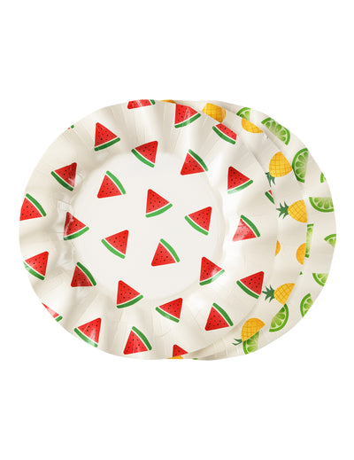6 Platos de cartón frutas sandía, limón, piña 20,5 cm