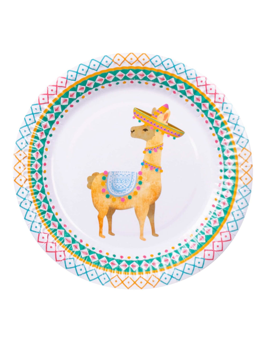 Plato de cartón llama para fiesta blanca con sombrero y motivos mexicanos multicolores