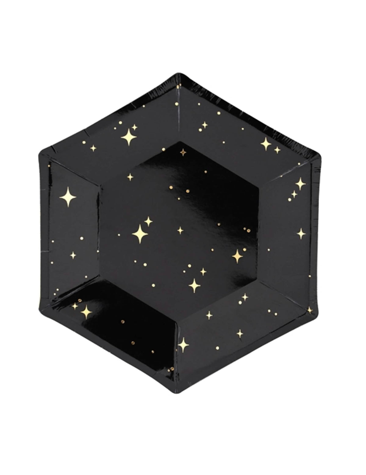 Assiettes en carton hexagonales étoiles pour fête noires et dorées