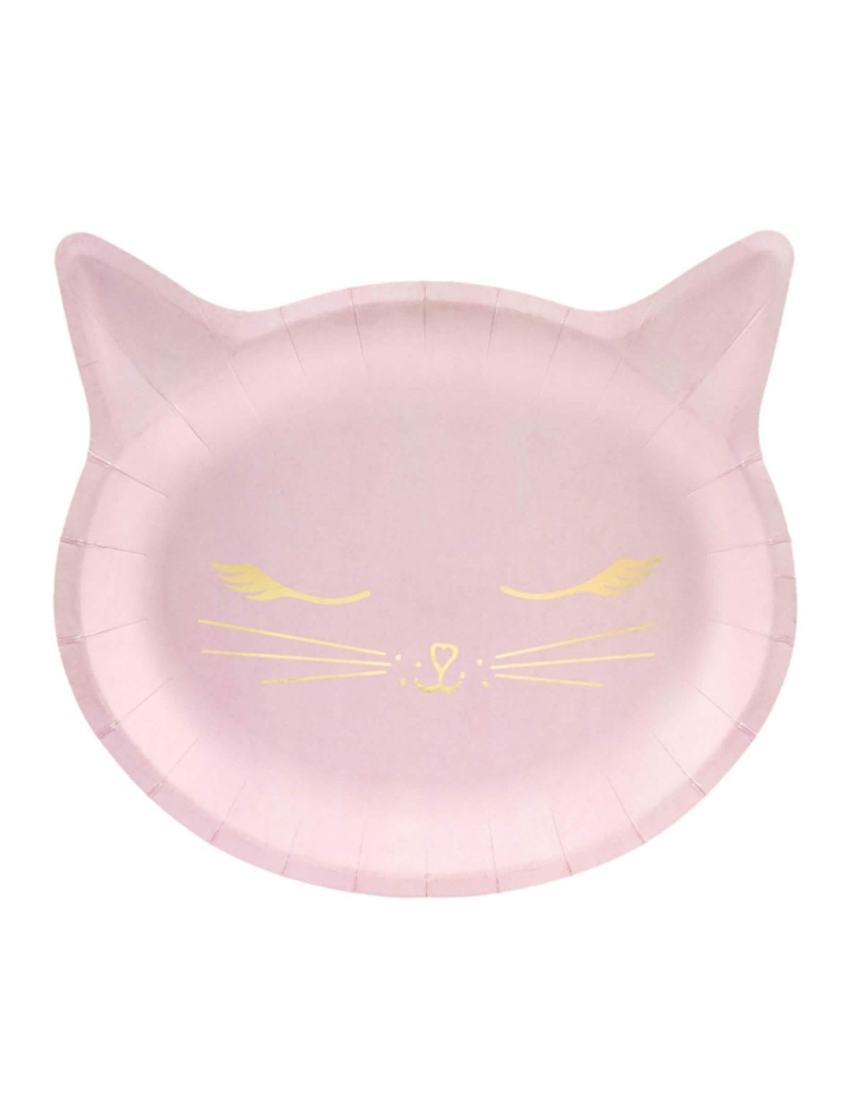 platos de cartón rosa con cabeza de gatito con bigotes dorados