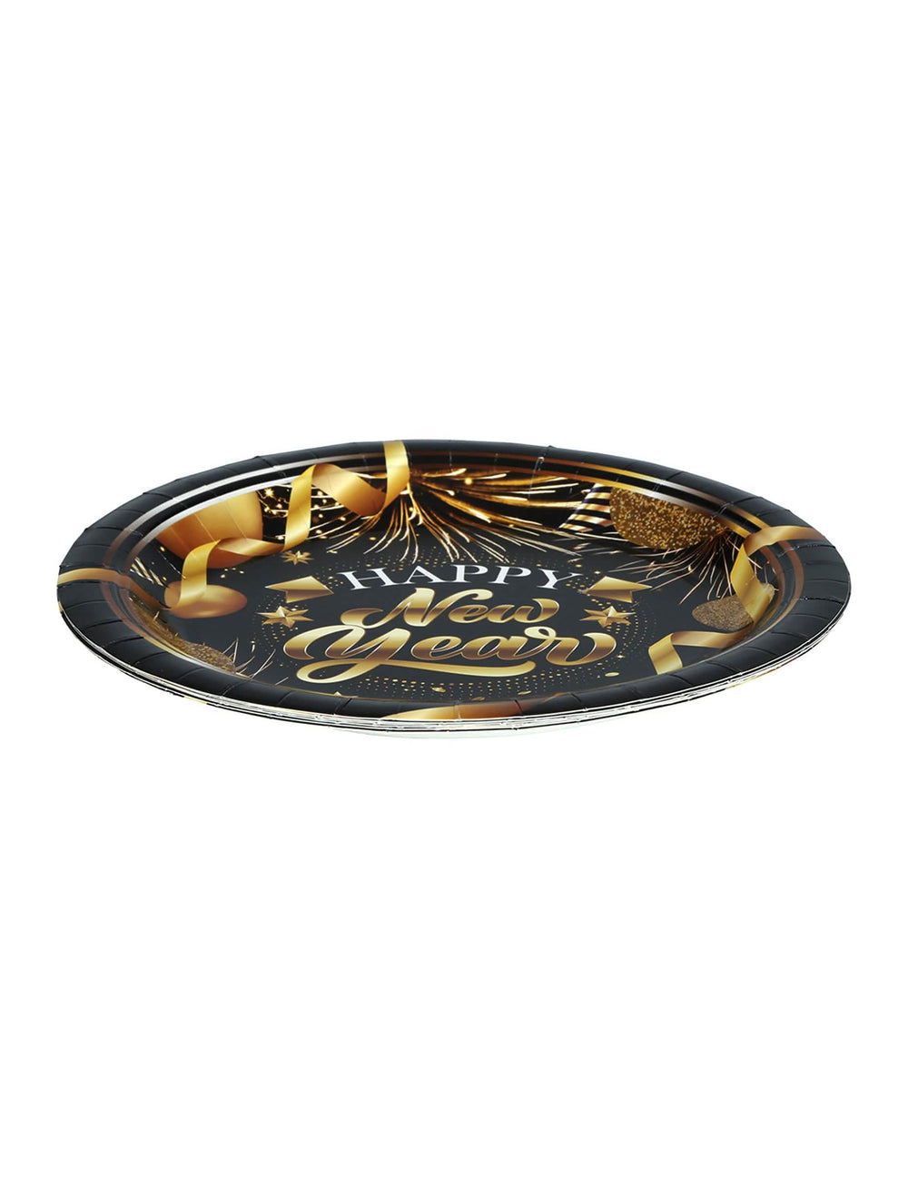 Vue de profil des assiettes en carton Happy new year pour fête noir et or
