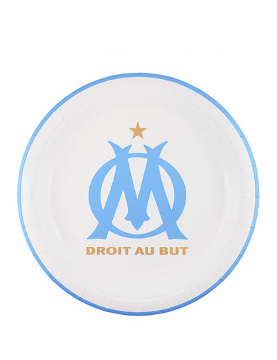 Assiettes rondes OM pour fête blanches et bleues