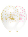 Ballons en latex Happy Birthday à pois pour anniversaire rose et doré