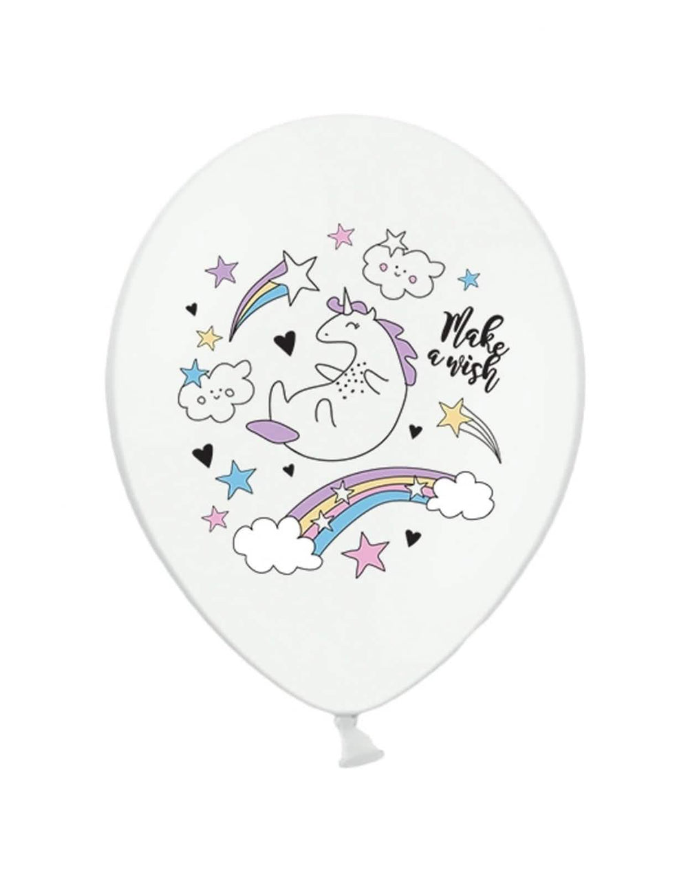 globo de látex unicornio para cumpleaños blanco con motivos arcoíris y estrellas