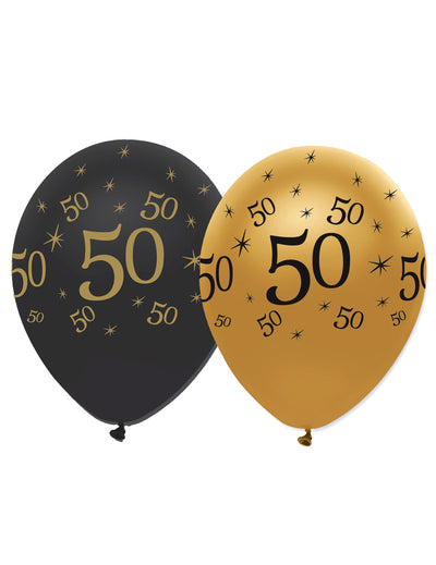 Ballons en latex 50 ans pour anniversaire noirs et dorés