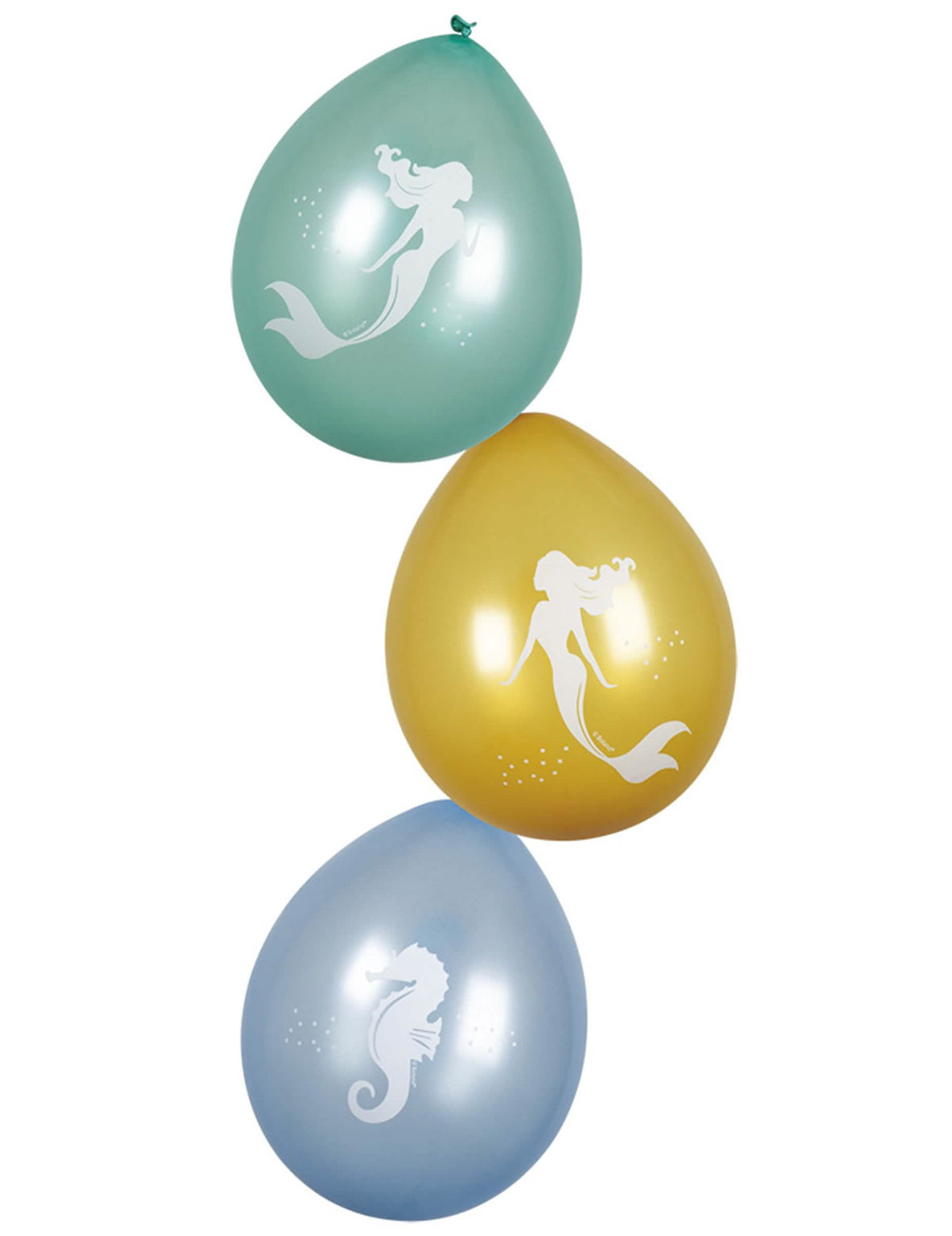 globos sirenas Laguna para niño nacarados verde, amarillo y azul con motivos blancos
