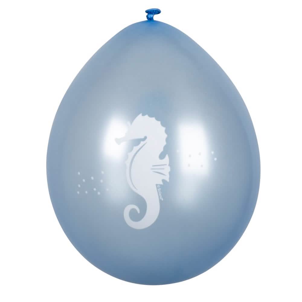 Vista del globo azul con motivo de caballito de mar blanco de los globos Sirène Lagune