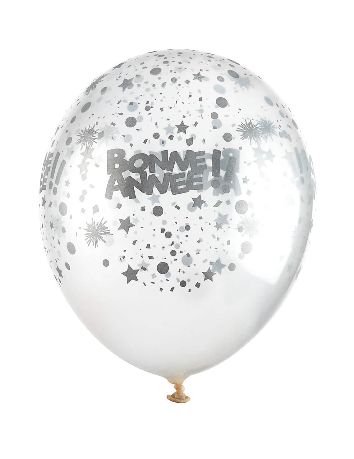 Ballons en latex Bonne année transparents et argent