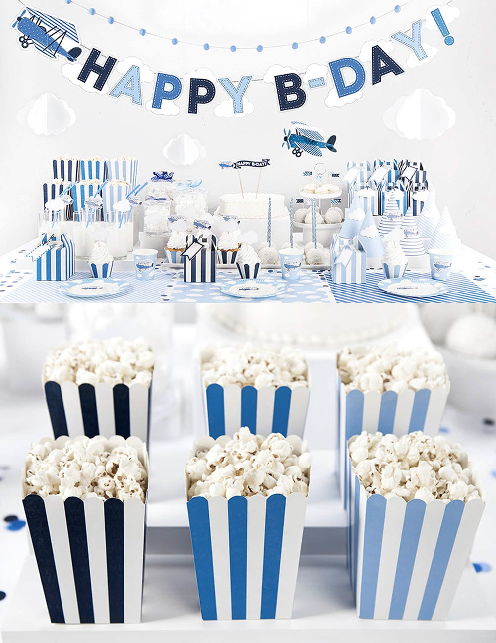 Escenificación de cajas de palomitas a rayas para fiesta azules
