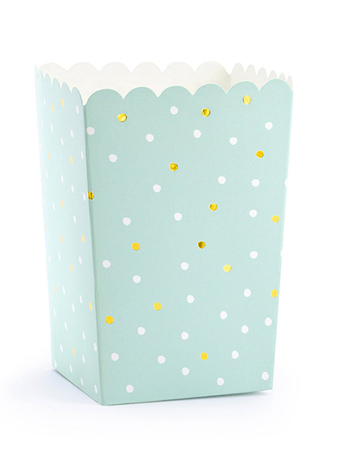6 cajas de palomitas de cartón color menta con lunares blancos y dorados