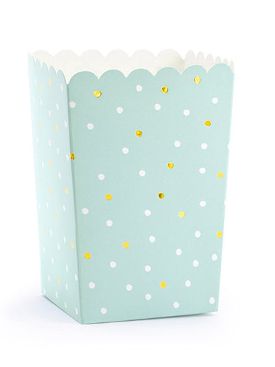 6 cajas de palomitas de cartón color menta con lunares blancos y dorados