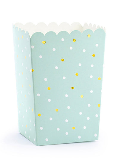 6 cajas de palomitas de cartón color menta con lunares blancos y dorados