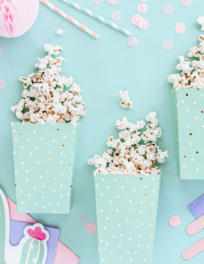 6 cajas de palomitas de cartón color menta con lunares blancos y dorados
