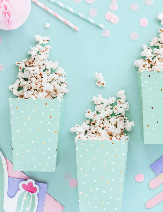 6 cajas de palomitas de cartón color menta con lunares blancos y dorados