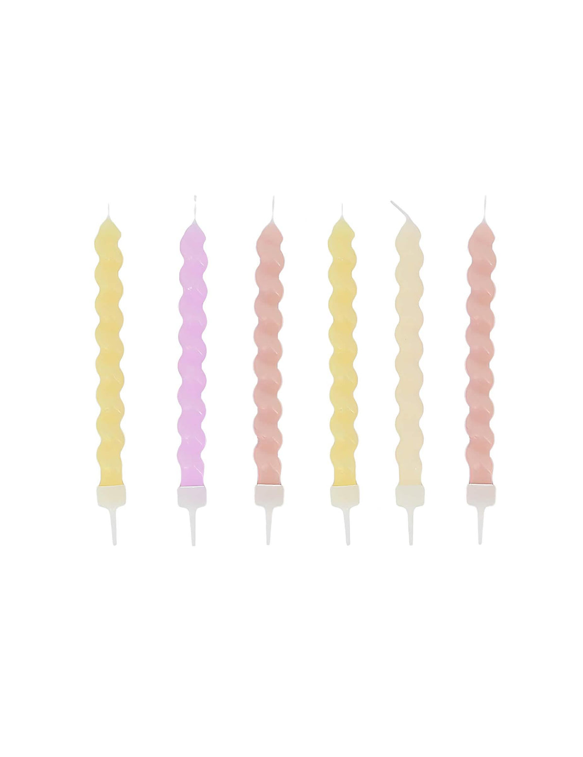 6 bougies torsadées dégradé pastel pour fête jaune violet et rose