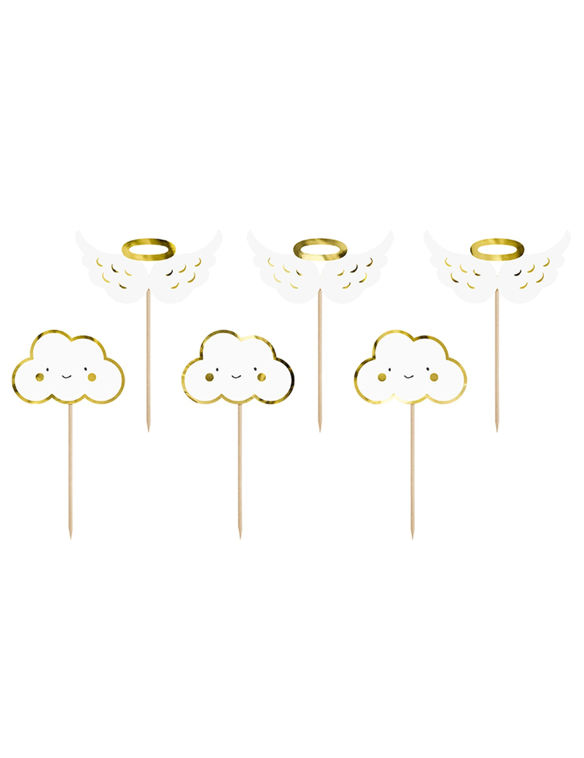 Cake toppers en bois nuages et ailes pour baby shower blancs et dorés métallisés