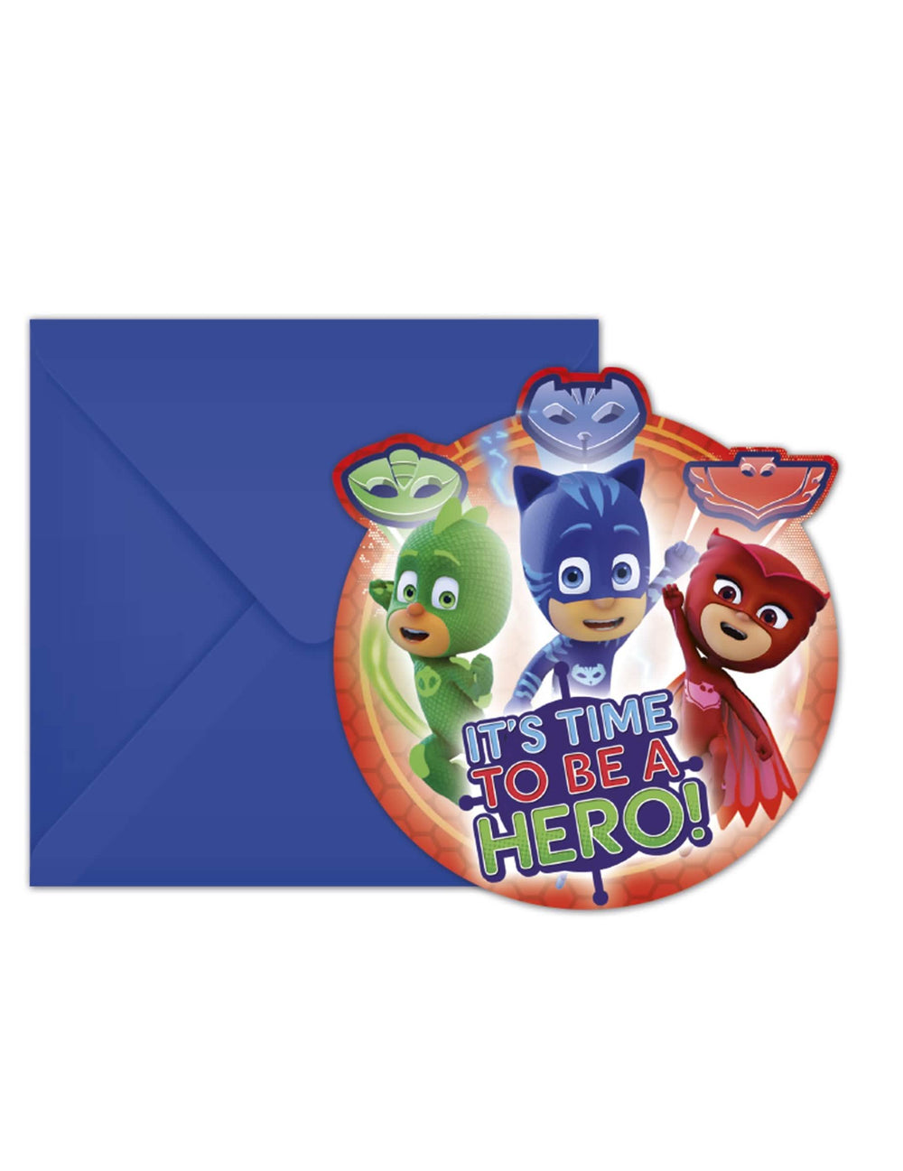 6 cajas de invitación y sobres PJMasks para niño azules con Yoyo, Bibou y Gluglu