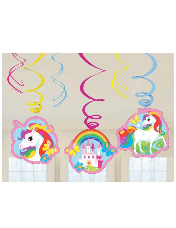 Décorations à suspendre spirale Licorne multicolore avec motifs château et arc-en-ciel