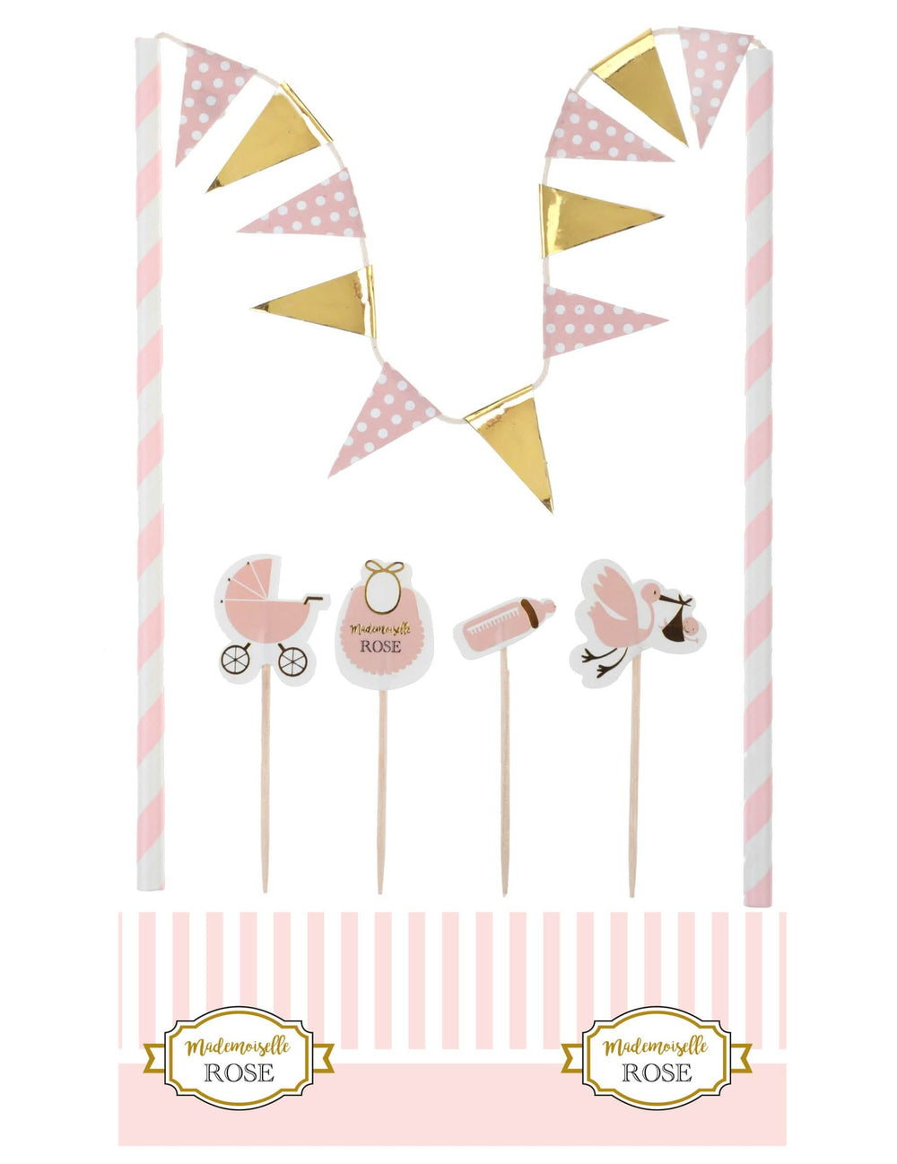 Kit de decoración para pastel baby shower para niña rosa y dorado